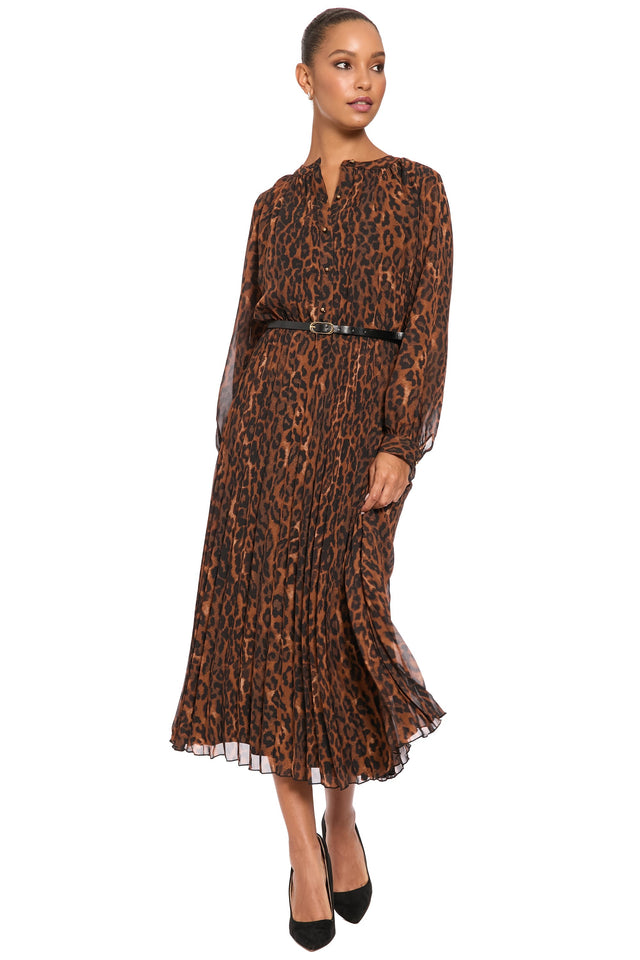 Tamsen Chiffon Pleated Shirtdress in Leopard