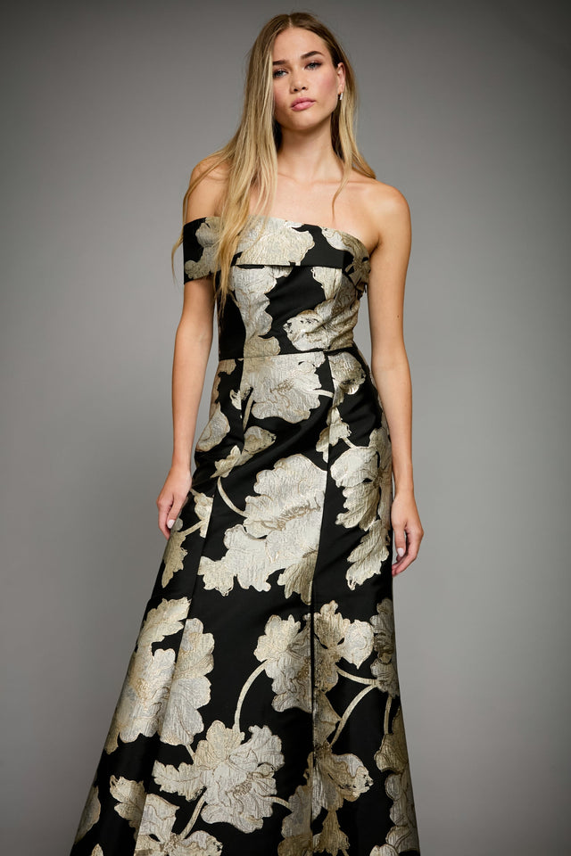 Reya Off the Shoulder Gown in Metallic Floral Jacquard