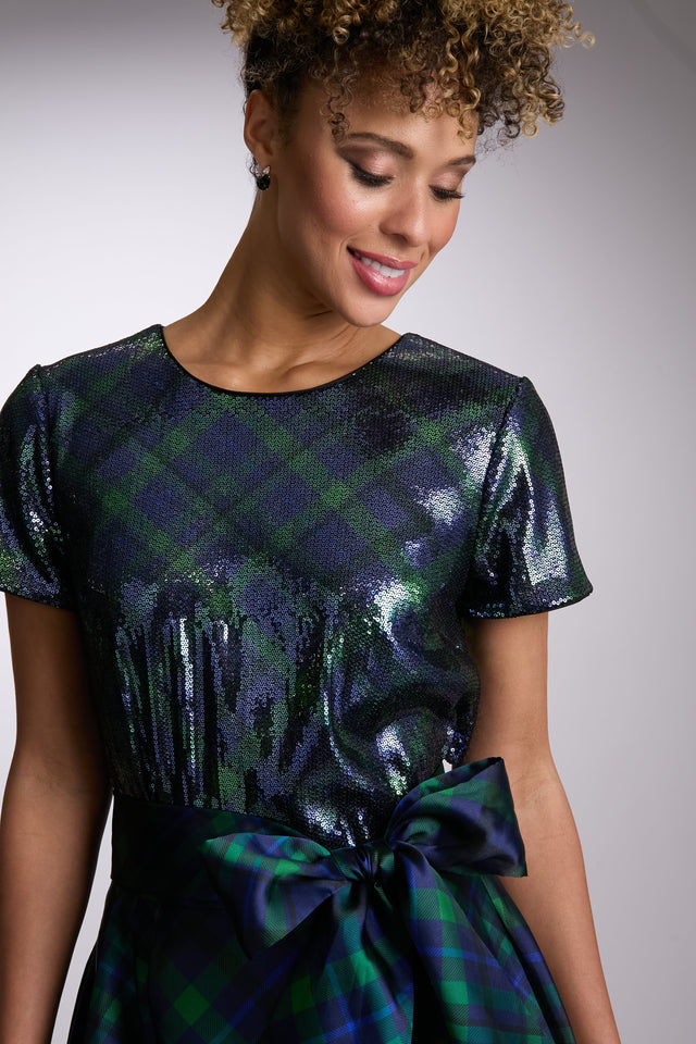 Roosevelt Sequined Plaid Short Sleeve Party Top