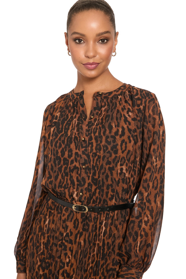 Tamsen Chiffon Pleated Shirtdress in Leopard