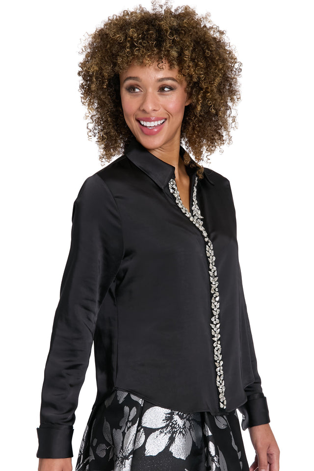Roosevelt Curve Jeweled Placket Long Sleeve Top